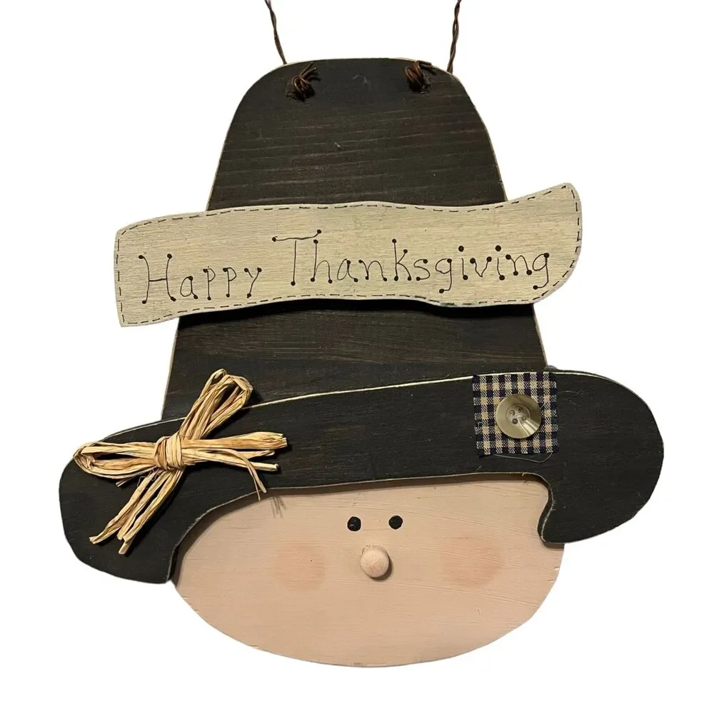 Wall Hanging Sign Happy Thanksgiving Festive Rustic Pilgrim Decor